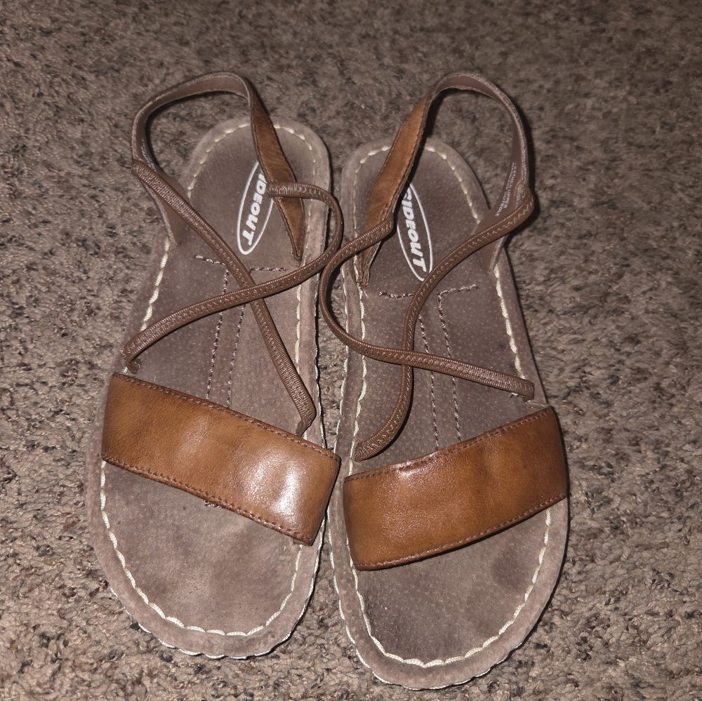 Sideout Leather Sandals Brown Womens 8 Mesa Slip On Sling Back Flat